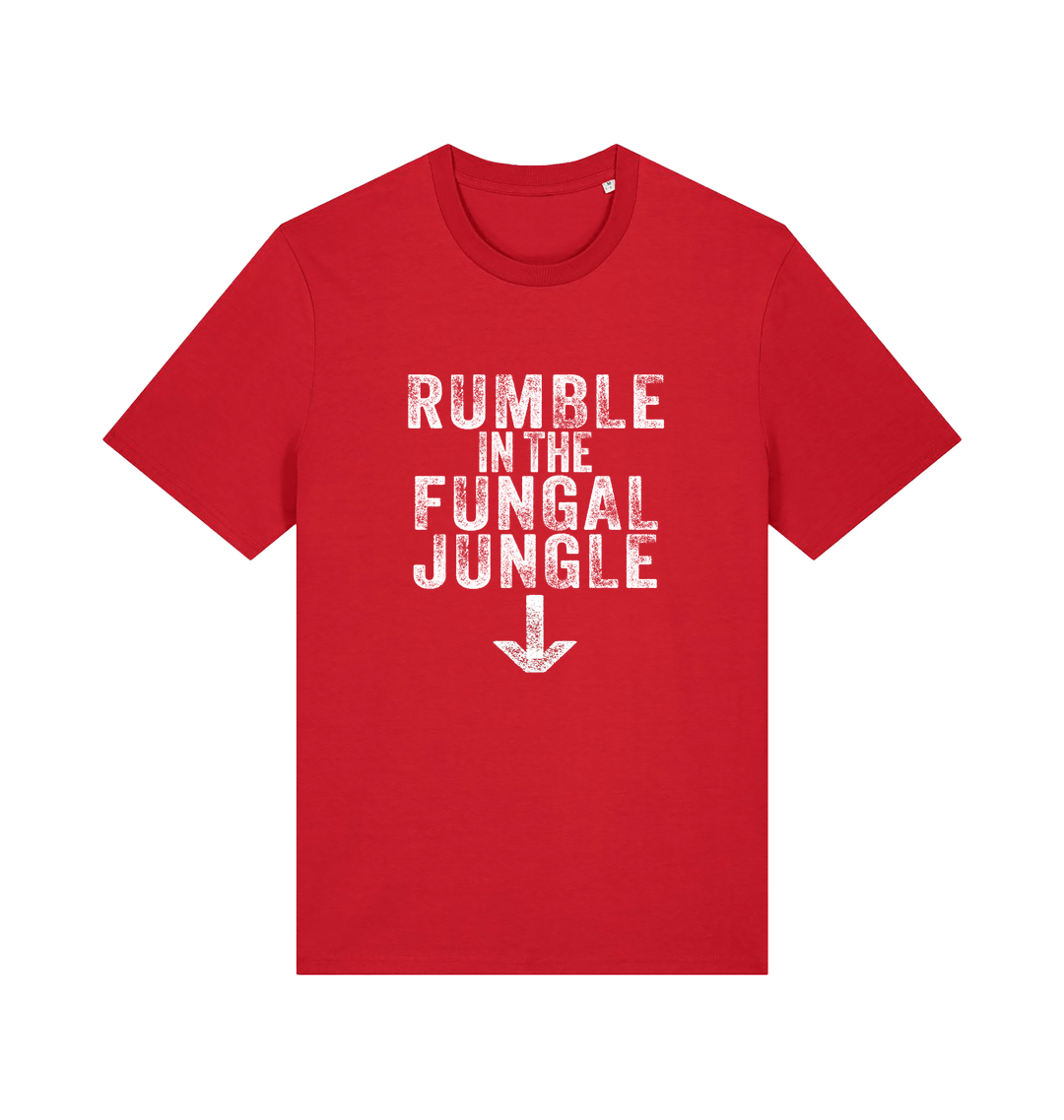 red funny offensive t-shirt with the slogan 'rumble in the fungal jungle'