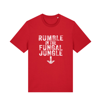 red funny offensive t-shirt with the slogan 'rumble in the fungal jungle'