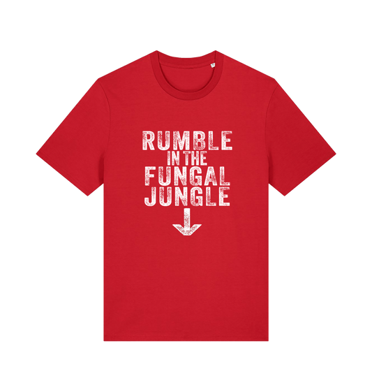 red funny offensive t-shirt with the slogan 'rumble in the fungal jungle'