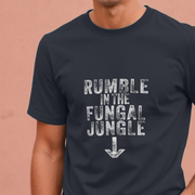 Navy blue funny slogan t-shirt with 'Rumble in the Fungal Jungle' text on a beige background