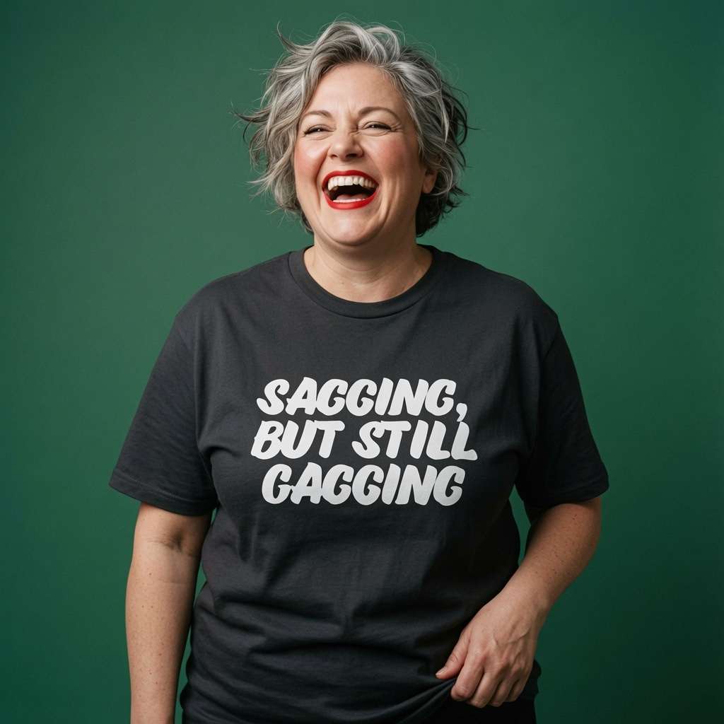 Woman with grey hair laughing in a black Sagging, But Still Gagging t-shirt, funny ladies offensive rude slogan that every confident woman will claim