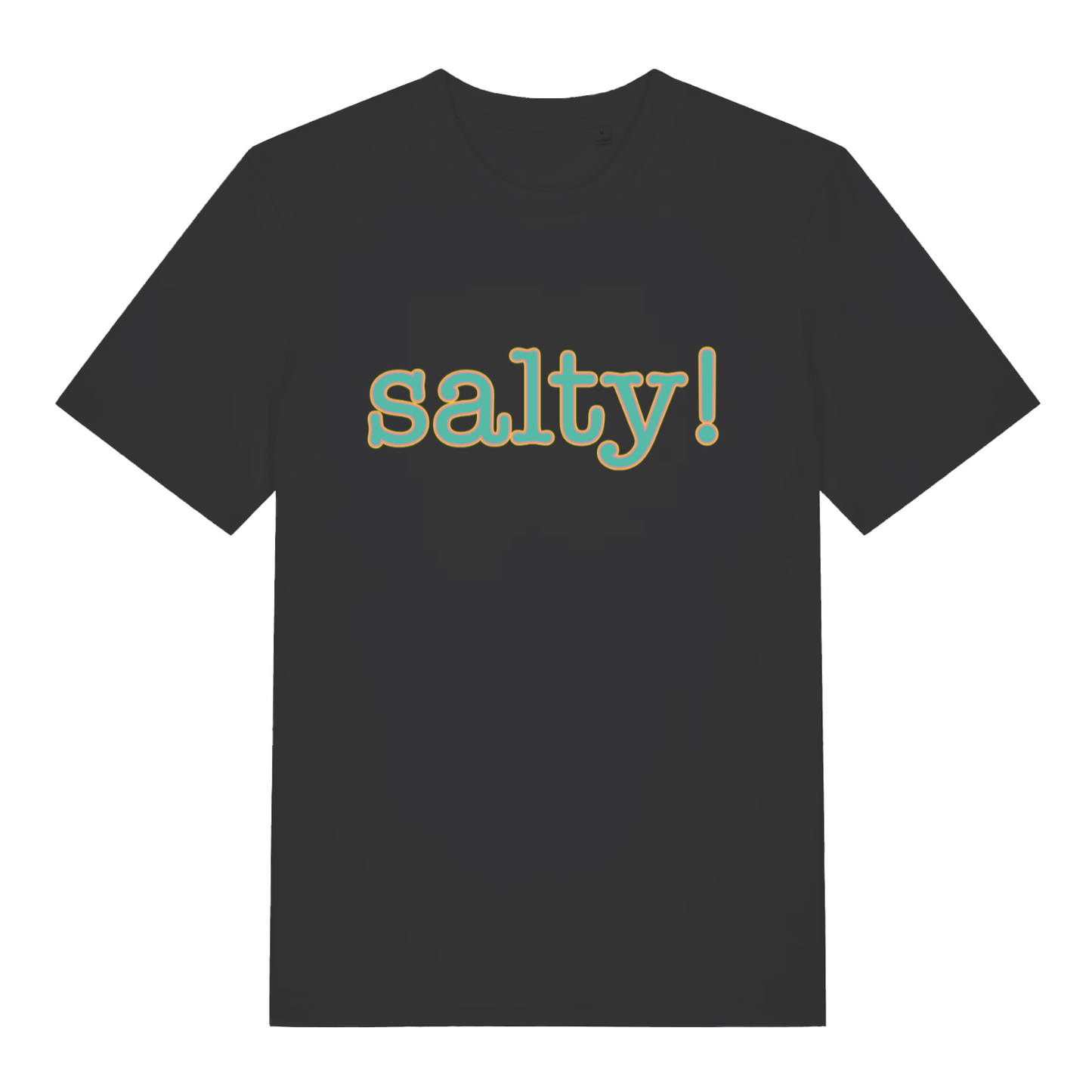 Black Salty! funny slogan t-shirt with retro teal outlined lettering  