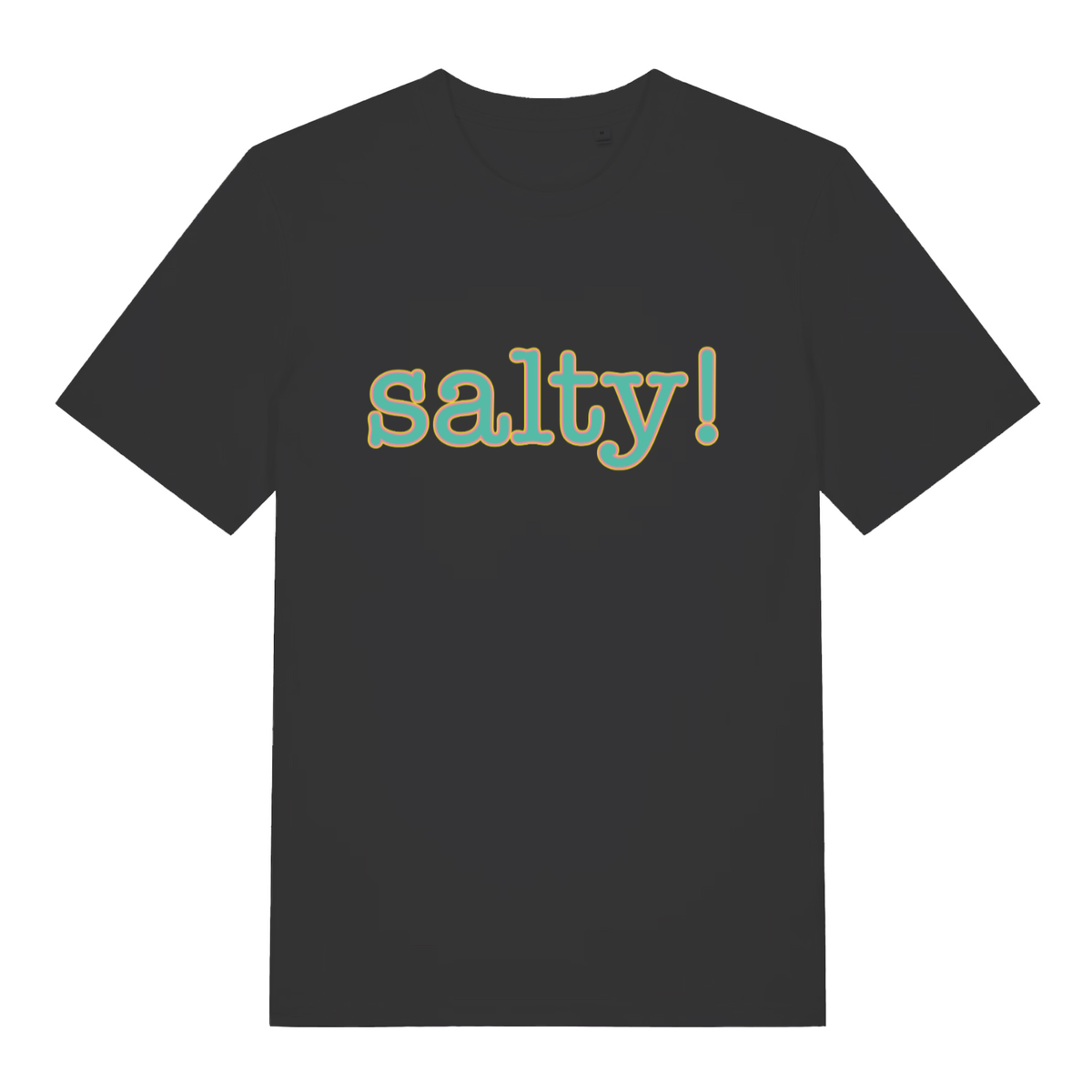 Black Salty! funny slogan t-shirt with retro teal outlined lettering  