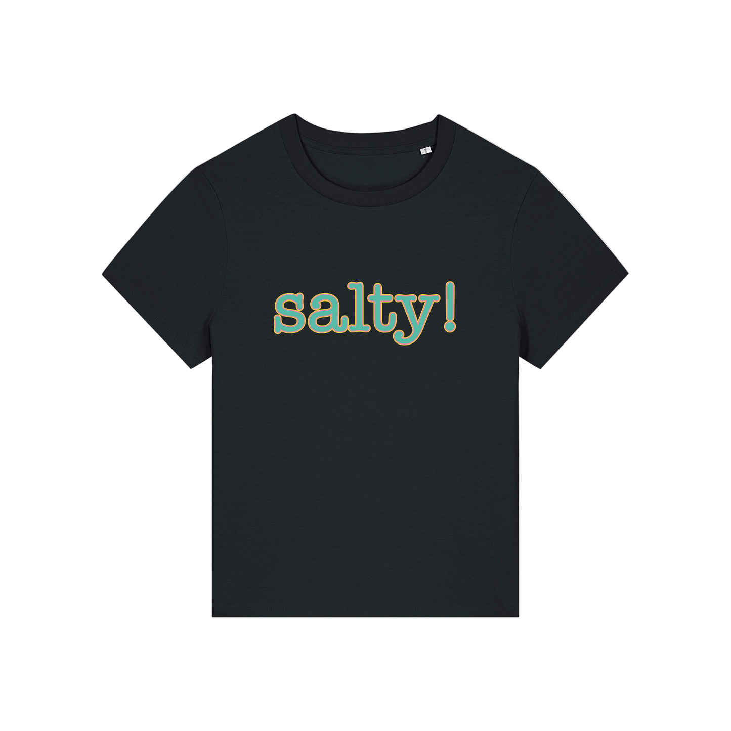 black slogan t-shirt that reads 'salty'