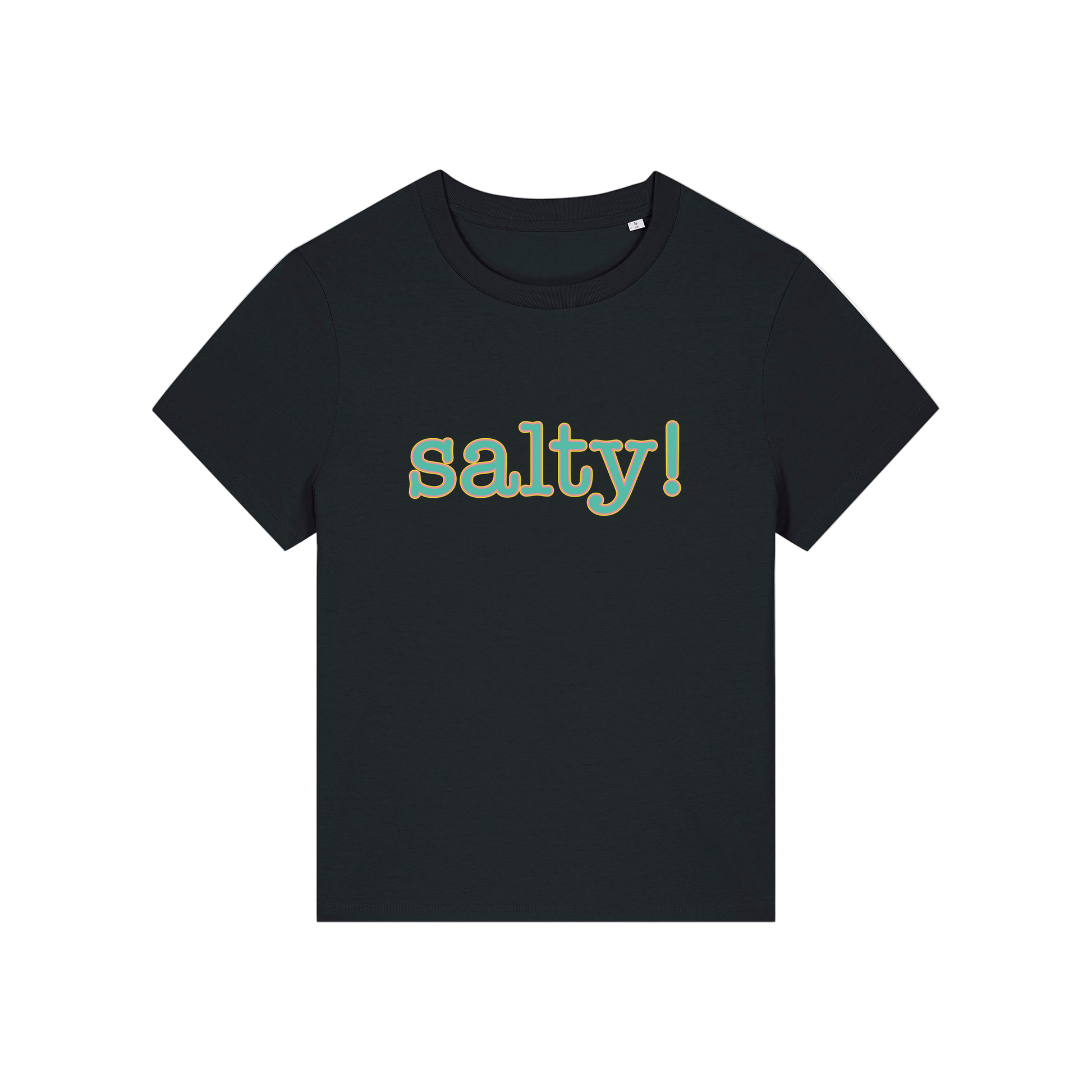 black slogan t-shirt that reads 'salty'