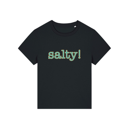 black slogan t-shirt that reads 'salty'