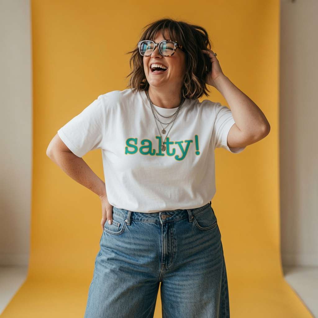 Woman with glasses laughing and running a hand through her hair while wearing a white Salty! t-shirt, fun ladies witty slogan full of pure attitude