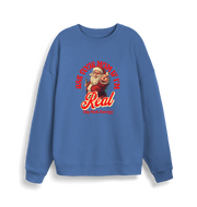 blue christmas sweater with the graphic of santa and the slogan 'ask your mum if i'm real'