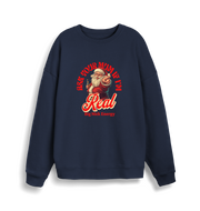 navy christmas sweater with the graphic of santa and the slogan 'ask your mum if i'm real'