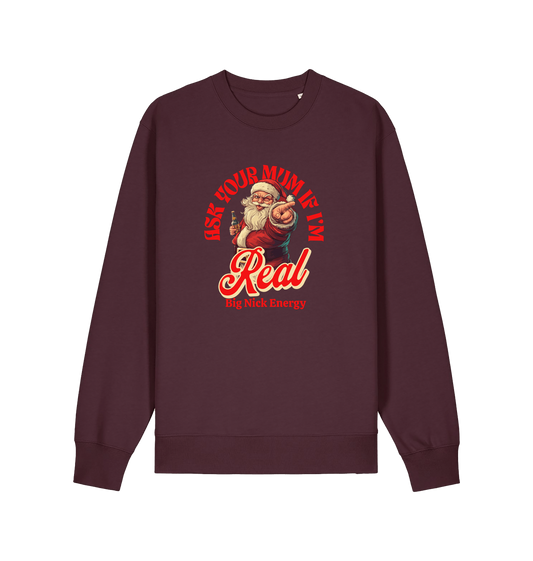 red brown christmas sweater with the graphic of santa and the slogan 'ask your mum if i'm real'