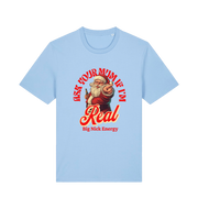 light blue  christmas t-shirt with the graphic of santa and the slogan 'ask your mum if i'm real'