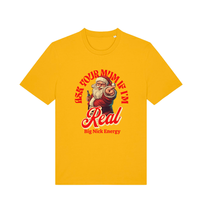 yellow christmas t-shirt with the graphic of santa and the slogan 'ask your mum if i'm real'