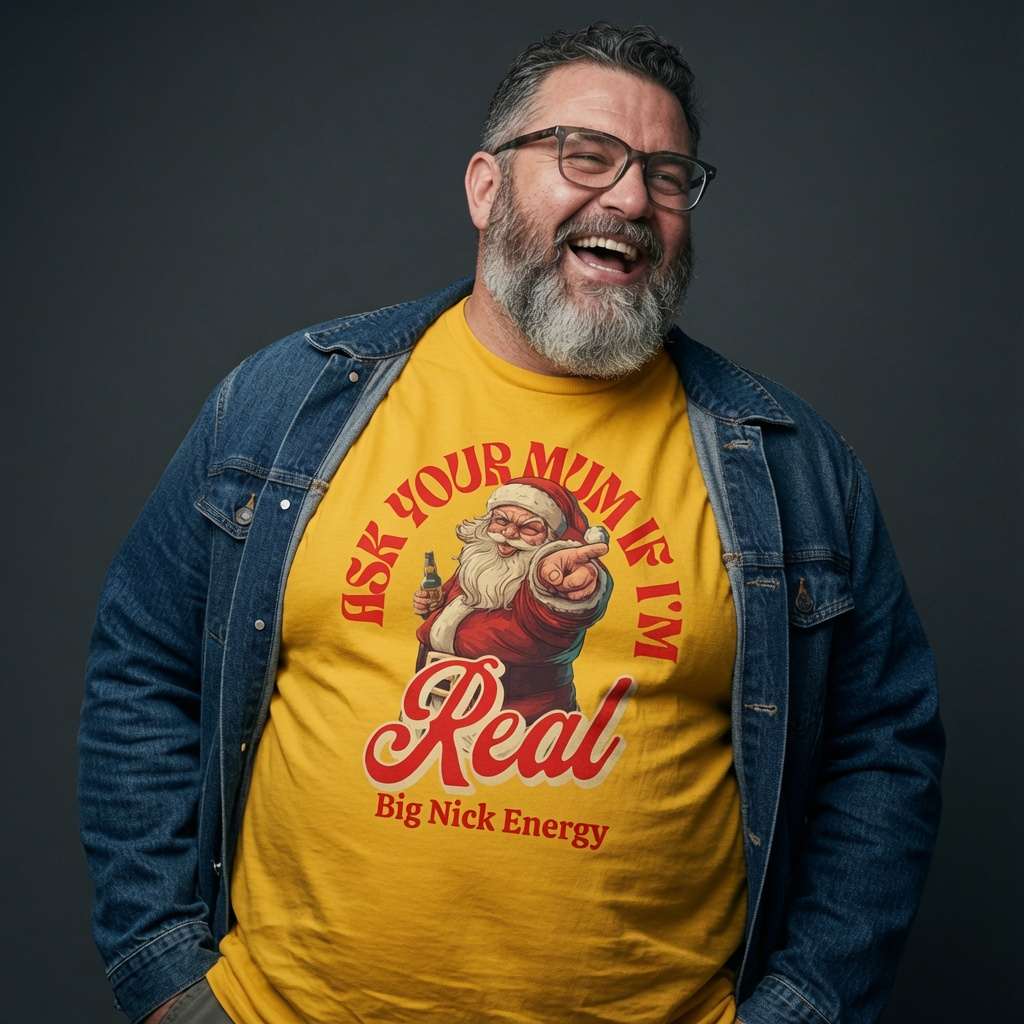 Bearded man with glasses laughing while wearing a yellow Ask Your Mum If I’m Real – Big Nick Energy t-shirt featuring a pointing Santa with a beer, funny xmas Santa banter graphic