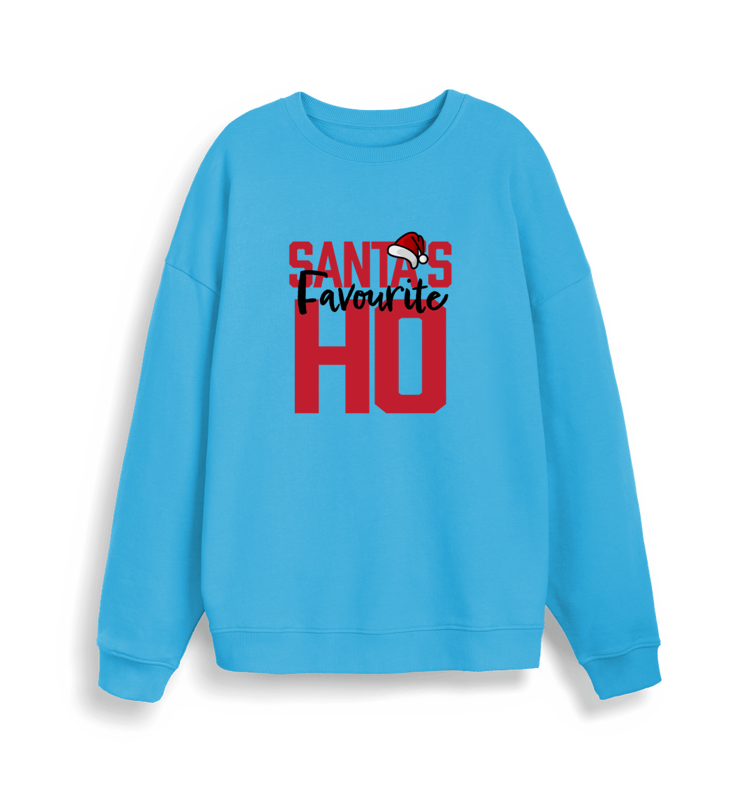 blue xmas sweater with the slogan 'santa's favourite ho'