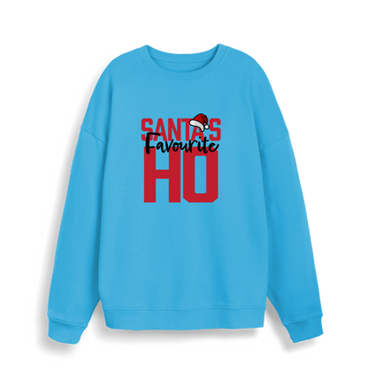 blue xmas sweater with the slogan 'santa's favourite ho'