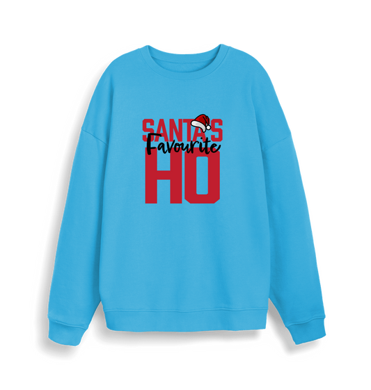 blue xmas sweater with the slogan 'santa's favourite ho'