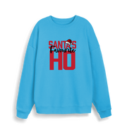 blue xmas sweater with the slogan 'santa's favourite ho'