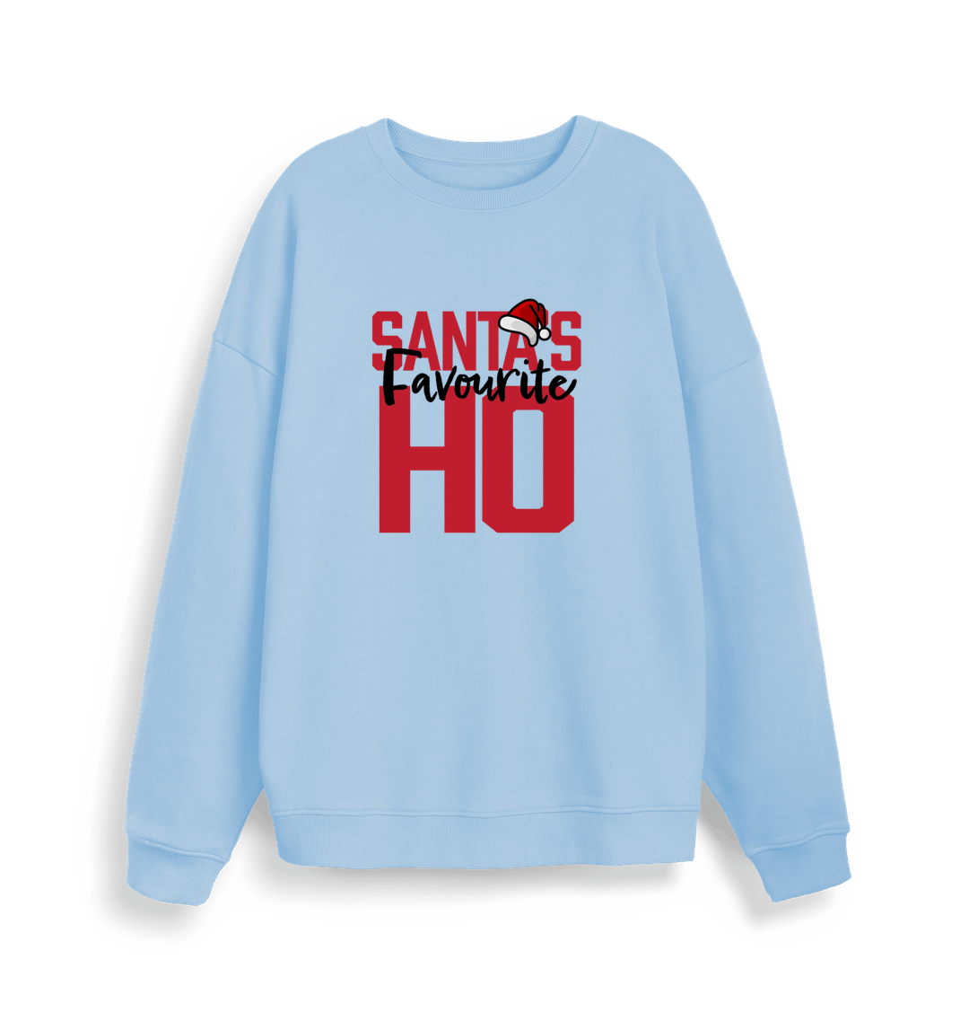 light blue xmas sweater with the slogan 'santa's favourite ho'