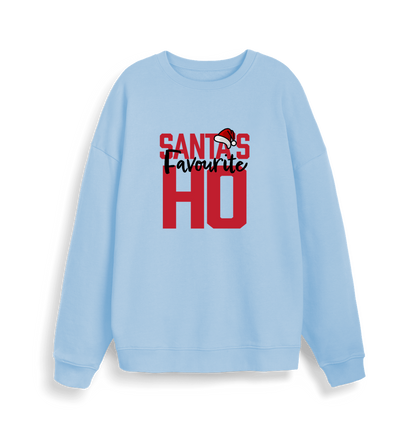 light blue xmas sweater with the slogan 'santa's favourite ho'
