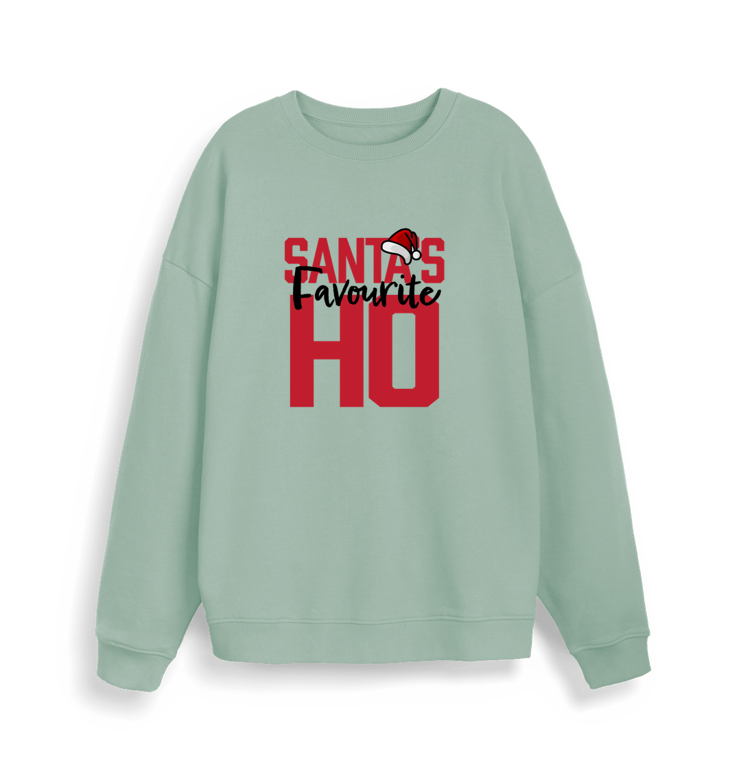 mint green xmas sweater with the slogan 'santa's favourite ho'