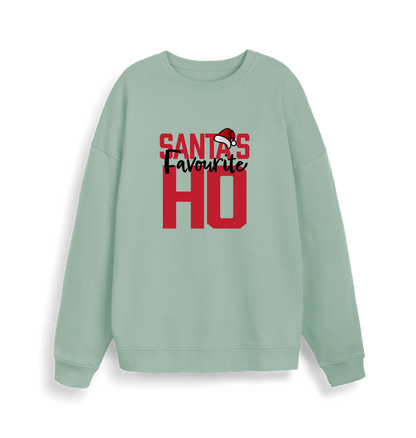 mint green xmas sweater with the slogan 'santa's favourite ho'
