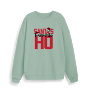 mint green xmas sweater with the slogan 'santa's favourite ho'