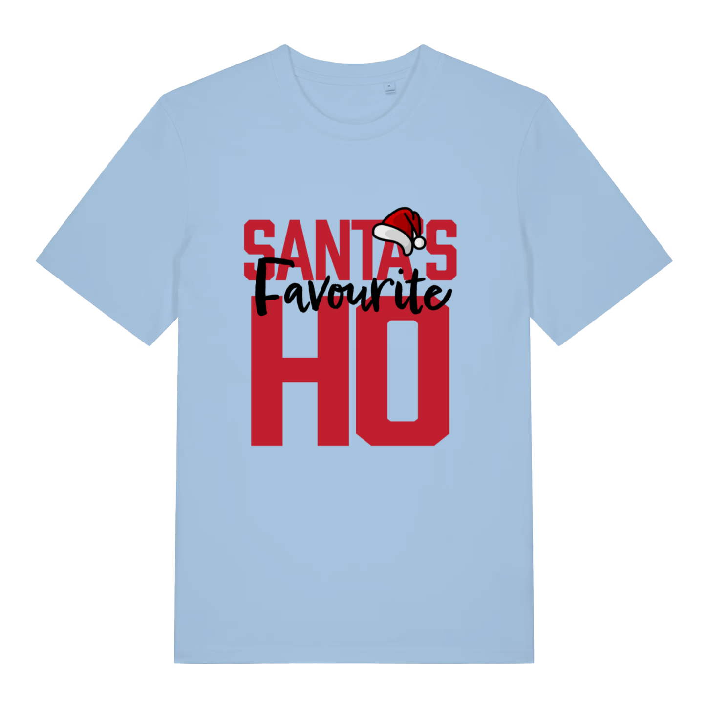 Light blue Santa’s Favourite Ho funny slogan t-shirt with classic Santa hat graphic  