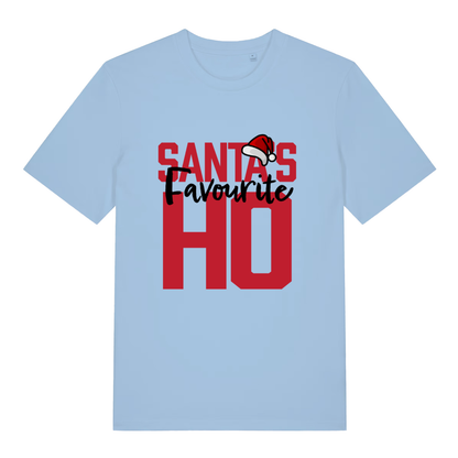Light blue Santa’s Favourite Ho funny slogan t-shirt with classic Santa hat graphic  