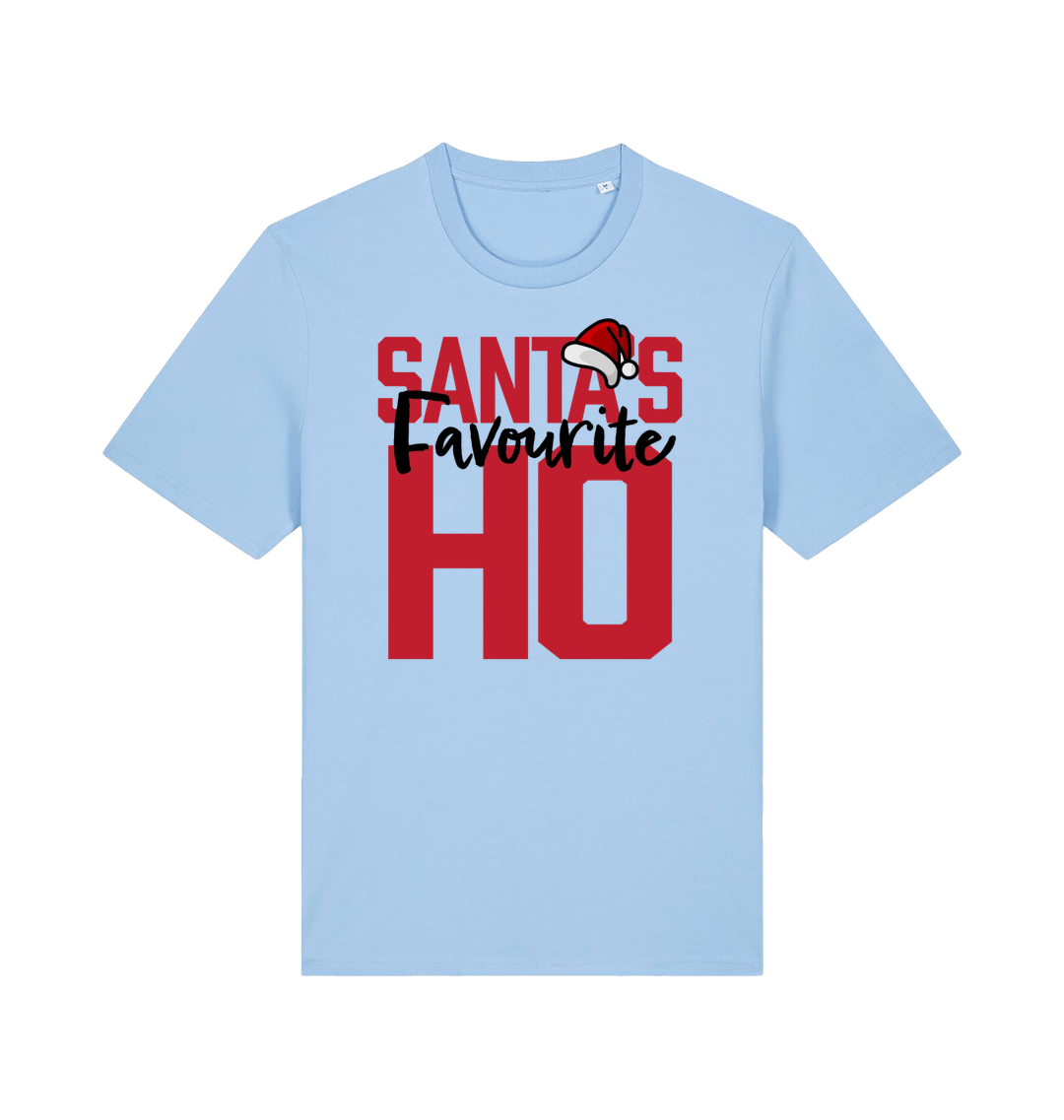 light blue xmas t-shirt with the slogan 'santas favourite ho'