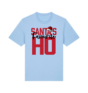 light blue xmas t-shirt with the slogan 'santas favourite ho'