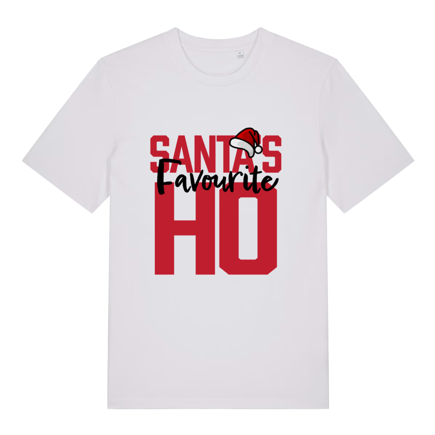 White Santa’s Favourite Ho funny slogan t-shirt featuring witty xmas statement design  