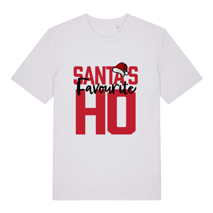 White Santa’s Favourite Ho funny slogan t-shirt featuring witty xmas statement design  