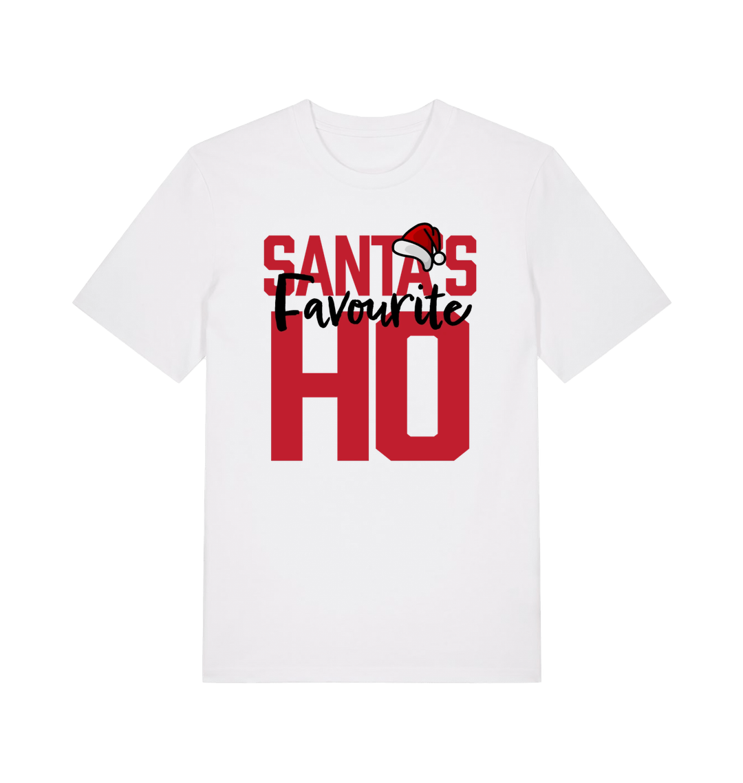 white xmas t-shirt with the slogan 'santas favourite ho'