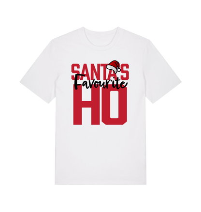 white xmas t-shirt with the slogan 'santas favourite ho'