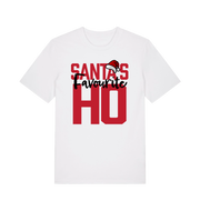 white xmas t-shirt with the slogan 'santas favourite ho'