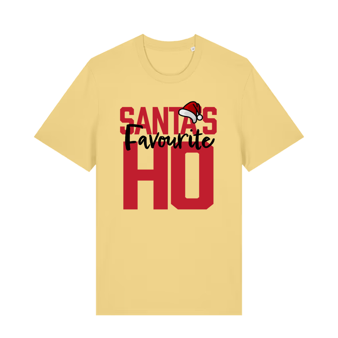 yellow xmas t-shirt with the slogan 'santas favourite ho'