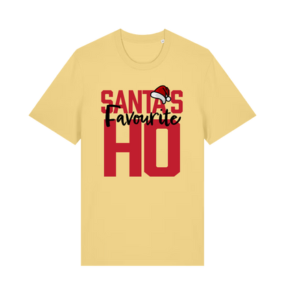 yellow xmas t-shirt with the slogan 'santas favourite ho'