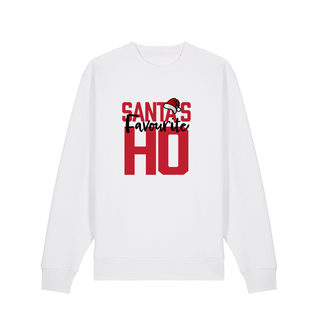 white xmas sweater with the slogan 'santa's favourite ho'