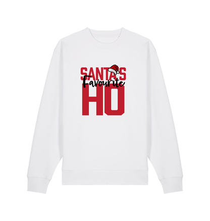 white xmas sweater with the slogan 'santa's favourite ho'