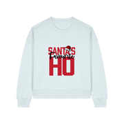 ice blue womens christmas sweater with the slogan 'santa's favourite ho'