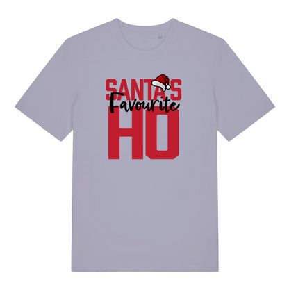 lavender women's christmas t-shirt with the slogan 'santa's favourite ho'