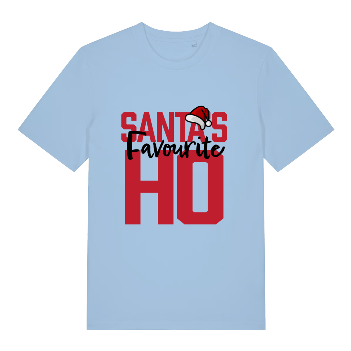 Light blue Santa’s Favourite Ho funny slogan t-shirt featuring bold festive banter design  