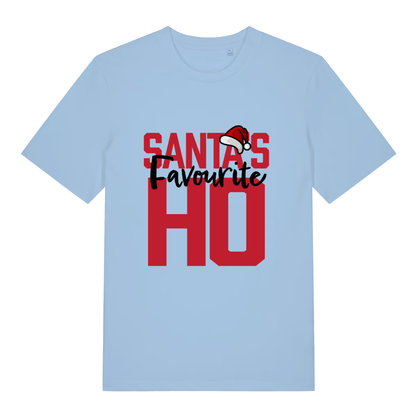 Light blue Santa’s Favourite Ho funny slogan t-shirt featuring bold festive banter design  