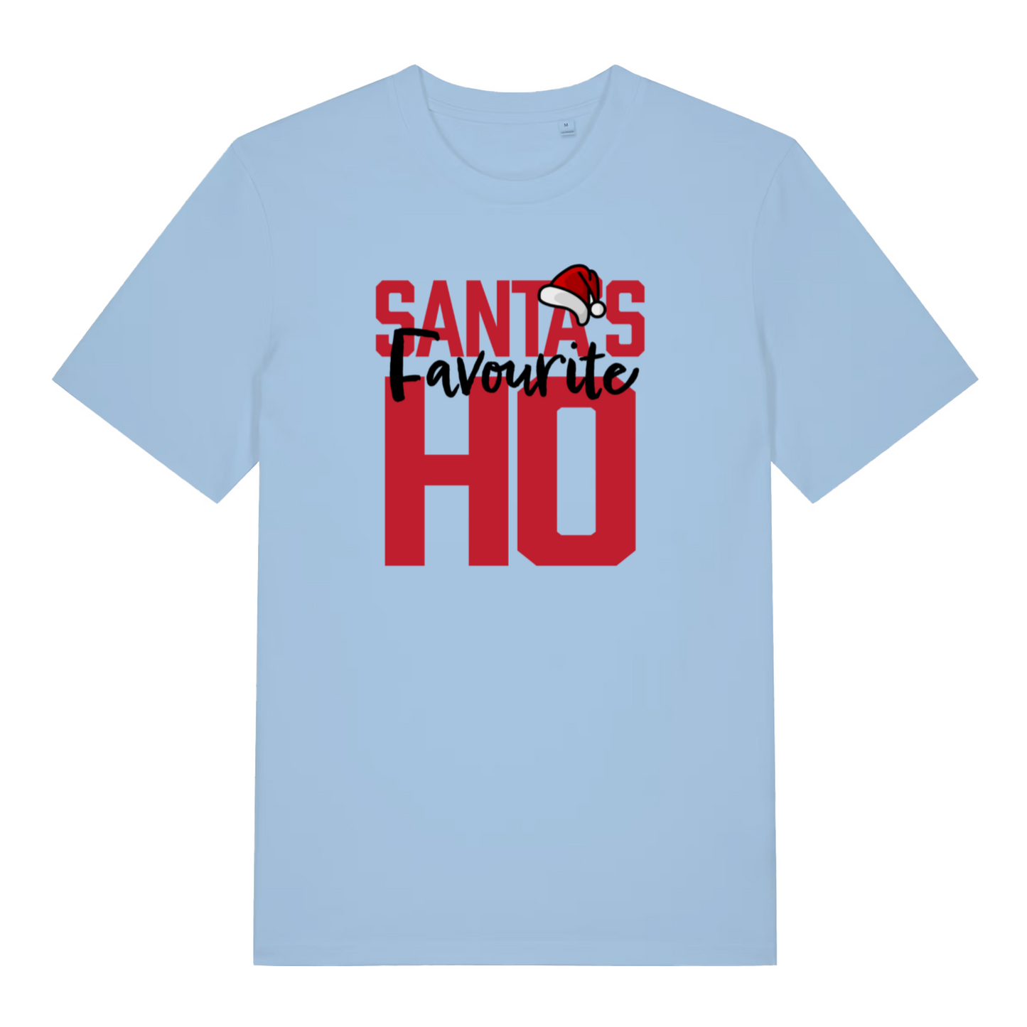 light blue women's christmas t-shirt with the slogan 'santa's favourite ho'