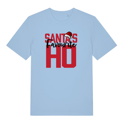 light blue women's christmas t-shirt with the slogan 'santa's favourite ho'