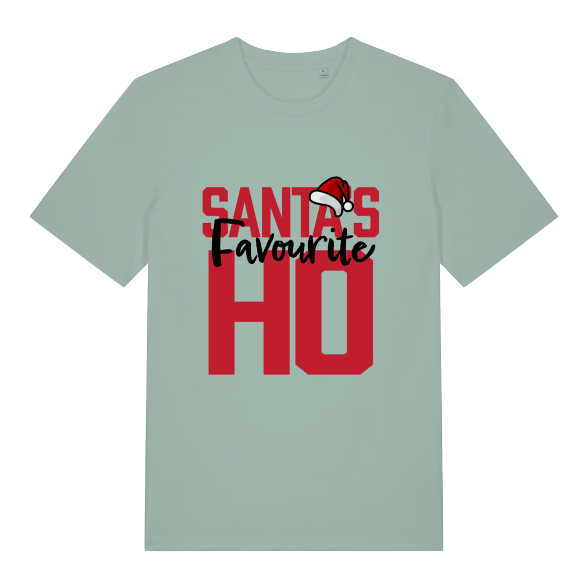 Light green Santa’s Favourite Ho funny slogan t-shirt with classic Santa hat graphic  