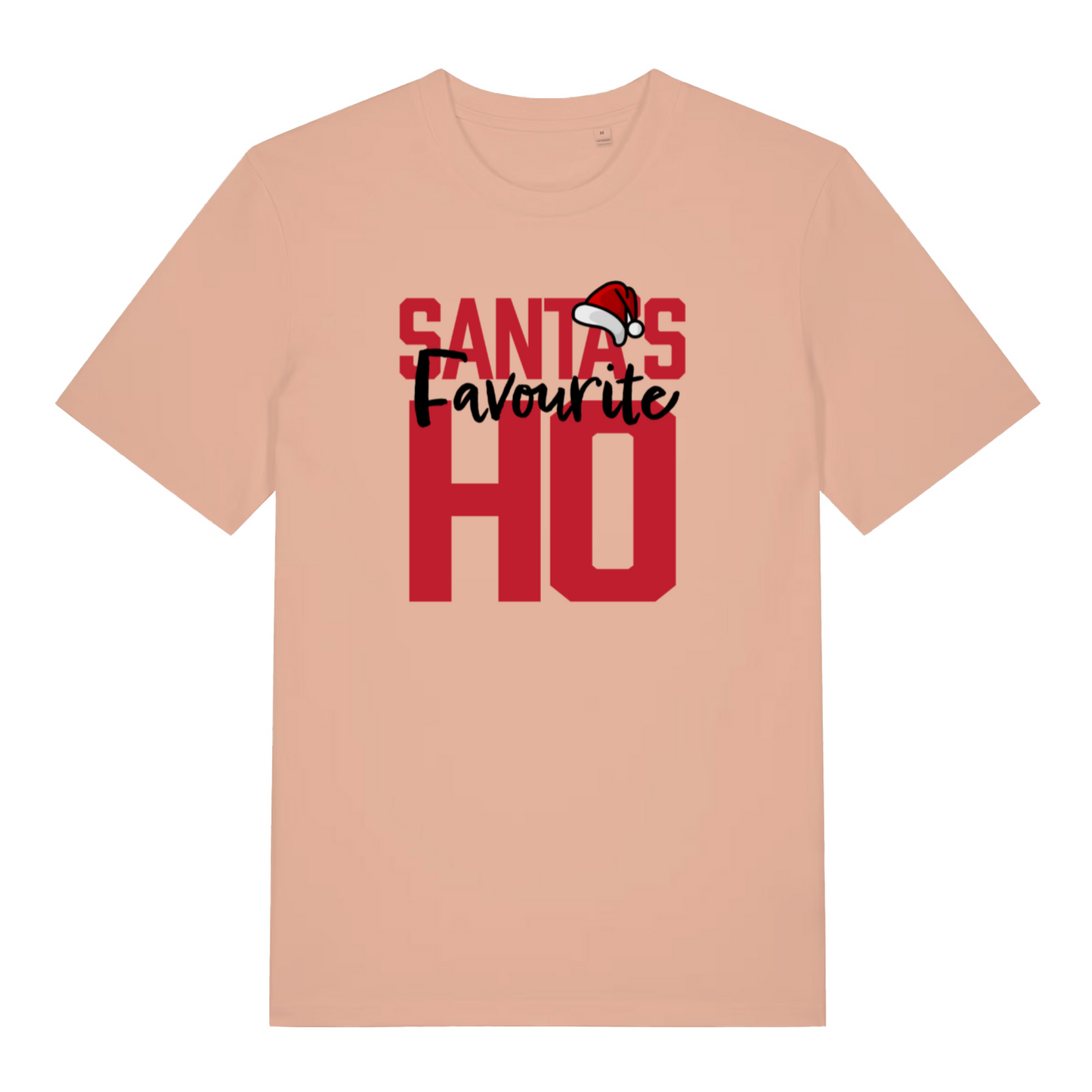 peach women's christmas t-shirt with the slogan 'santa's favourite ho'