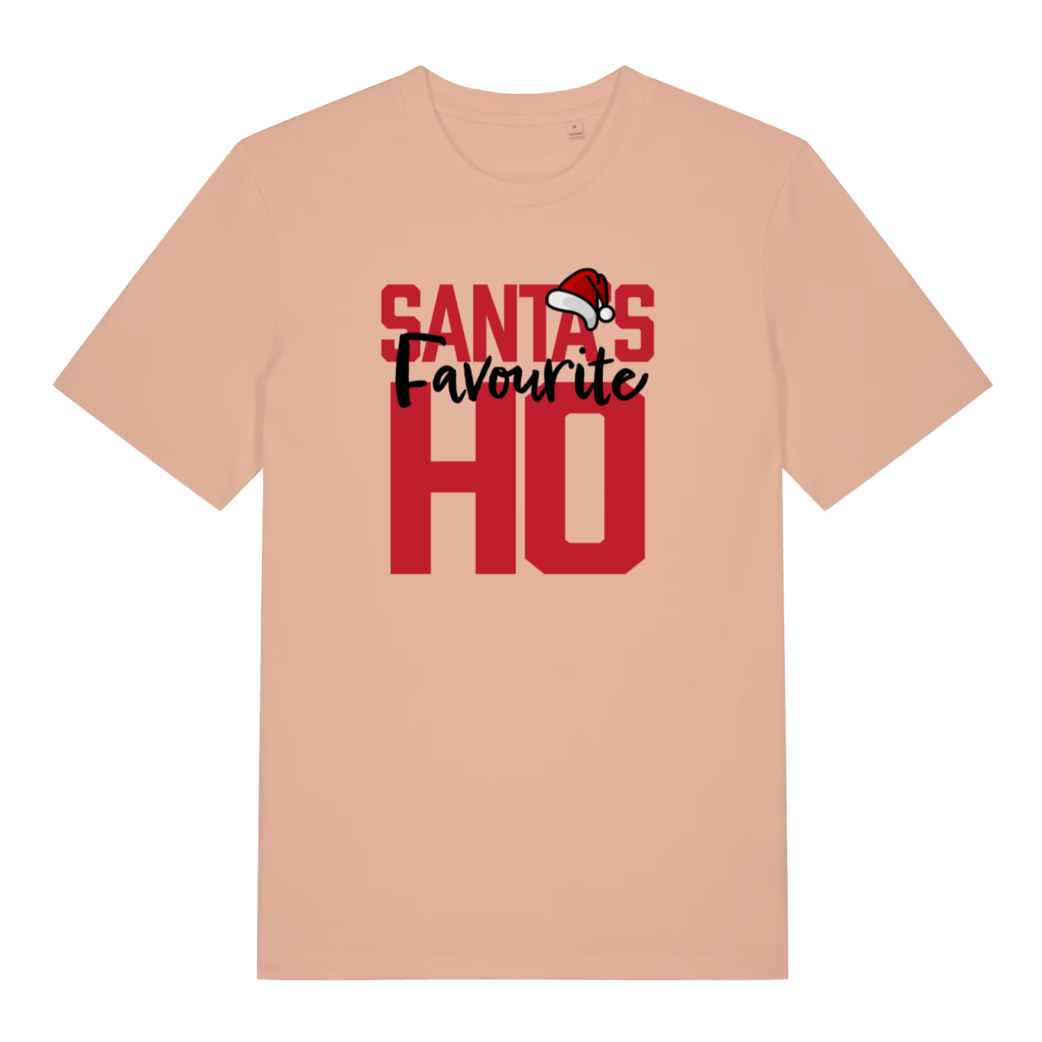 peach women's christmas t-shirt with the slogan 'santa's favourite ho'