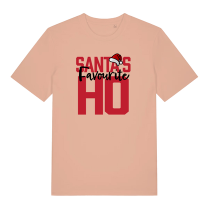 peach women's christmas t-shirt with the slogan 'santa's favourite ho'