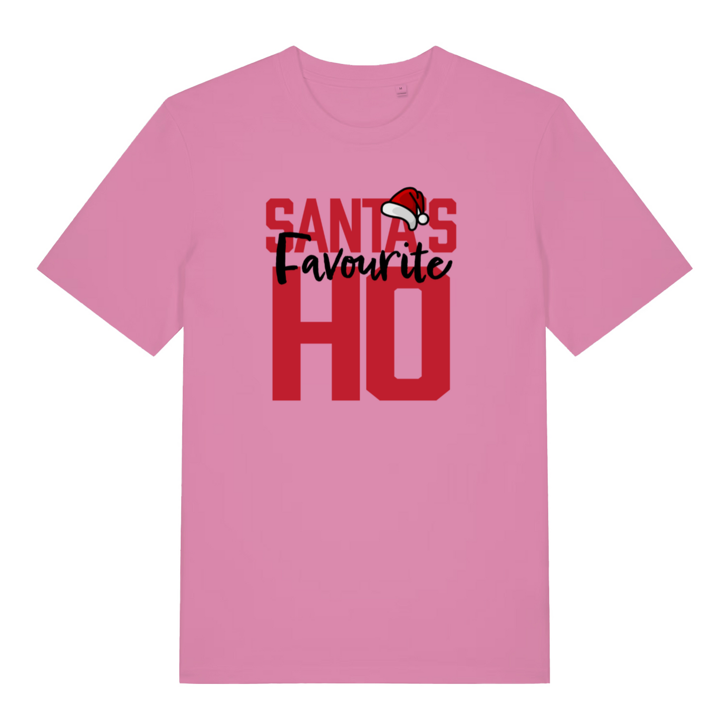 pink women's christmas t-shirt with the slogan 'santa's favourite ho'